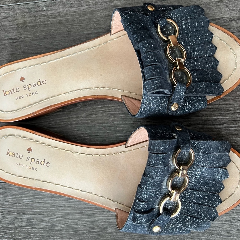 Kate Spade Blue Denim Fringe Slide Sandals
